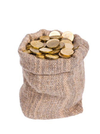 Bag of gold coins: Bag filled with coins. A white background. Isolated.