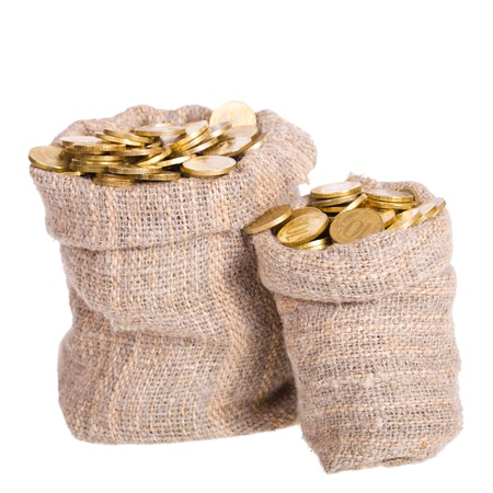 Bag of gold coins: Bags filled with coins. A white background. Isolated. Kho ảnh