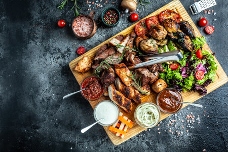 Pyszne mięso z grilla z warzywami. mieszane grillowane mięso z grilla z warzywami na drewnianym talerzu. menu restauracji, dieta, widok z góry książki kucharskiej,