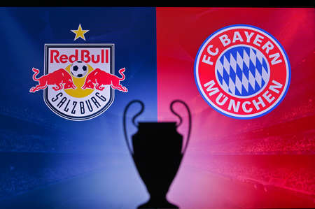 Nyon, Swiss, November 2. 2020: Red Bull Salzburg Vs. Bayern Munich. Football Uefa Champions League 2021 Group Stage Match. Ucl Trophy Silhouette, Sign Of Club On The Screen In Background