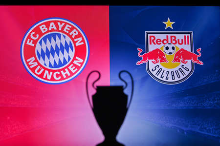 Nyon, Swiss, November 2. 2020: Bayern Munich Vs. Red Bull Salzburg. Football Uefa Champions League 2021 Group Stage Match. Ucl Trophy Silhouette, Sign Of Club On The Screen In Background