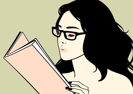 брюнетка: Красивая брюнетка девушка в очках читает книгу