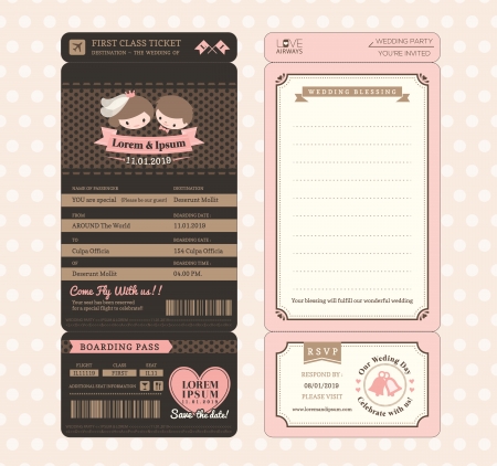 Cute Groom And Bride Vintage Boarding Pass Ticket Wedding Invitation Design Template Vector Cute Groom And Bride Vintage Boarding Pass Ticket Wedding Invitation Design Template Vector