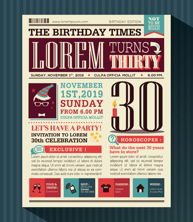 Happy Birthday Party card vector design layout in newspaper style