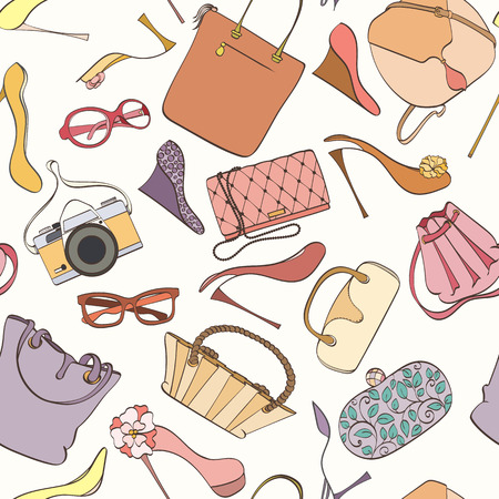 ホームページの壁紙 包装紙 壁紙用シームレス女性ファッション パターンを使用できます ファッション女性のバッグと靴は 明るいパターンをベクトルします バッグとハイヒール デザイン ファッションの概念 のイラスト素材 ベクタ Image