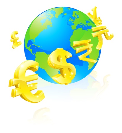 International currency signs flying around a world globe Vector Illustration