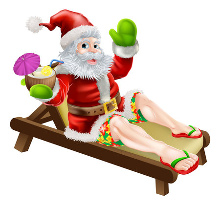 夏サンタ イラストのサンラウン ジャー ビーチやドリンクを飲みながらプールサイドでのんびりとバミューダ島やハワイのボードショーツとフリップフ ロップ サンダルを着てサンタのクリスマス イラスト のイラスト素材 ベクタ Image