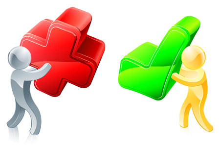 緑色のチェック マークが一人 赤い十字架を持つ 1 つのイラストのイラスト素材 ベクタ Image