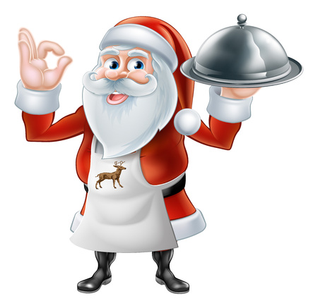 An illustration if a happy cartoon santa claus chef or cook character in an apron holding a plate of food