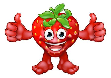 A cartoon fruit strawberry mascot character giving a thumbs up