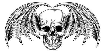 a winged skull drawing with bat or dragon wings in a vintage