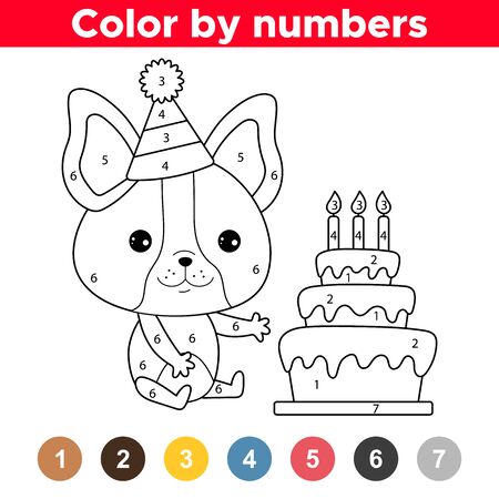 Cute kawaii french bulldog puppy with birthday cake. educational game for preschool children. numbers coloring page.