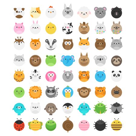 Round animal vector illustration collection. big set of cute animal icons, isolated. random wild, savannah, zoo, farm, domestic, forest, garden animals and insect.