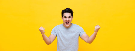 Excited young asian man raising his fists with smiling delighted face, yes gesture, celebrating success on yellow banner background