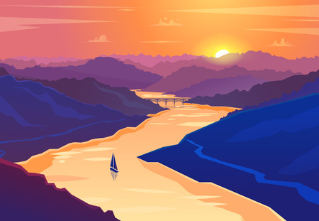 Sunset landscape vector: Sunset cảnh quan. Vector hình minh họa.