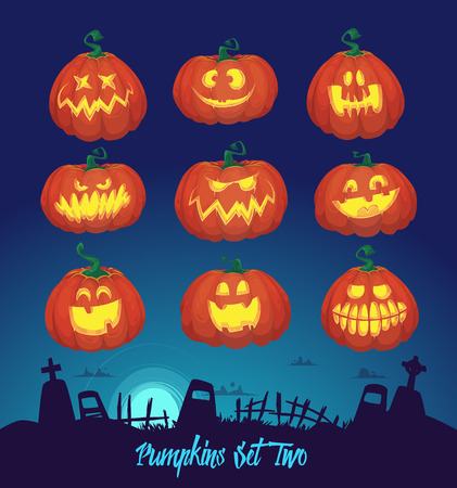 halloween decoration jack o lantern set and cemetery background pumpkins designs with different