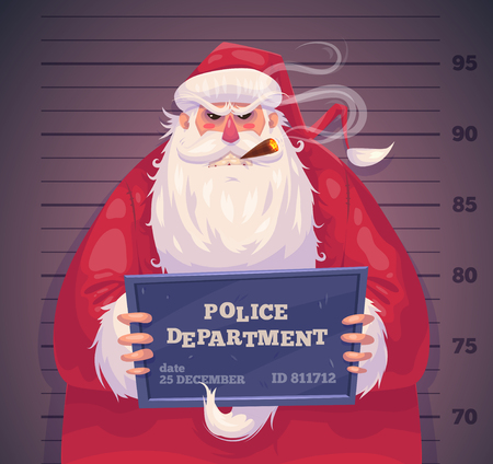 Bad Santa in police department. Christmas greeting card background poster. Vector illustration. Merry christmas and Happy new year. Vector Illustration