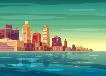 美しい夜の川または海の街の漫画のベクトルします 月の光と街並み かわいいの近代建築 ストック イラストのイラスト素材 ベクタ Image