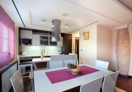 Interior of a modern home, view on dining room and kitchen. stock ...