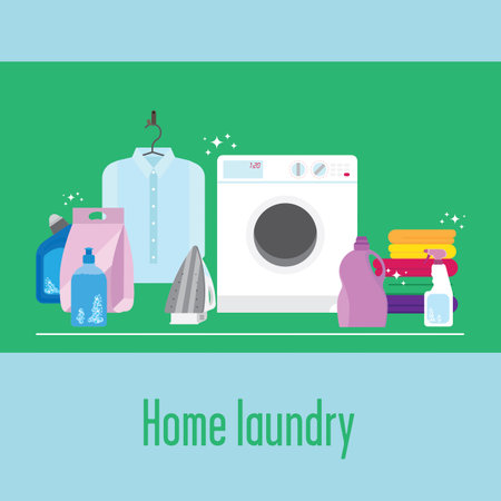 洗濯機 純粋な白シャツ いくつかカラフルなタオル アイロン 洗剤 ブラシ スポンジ 洗濯物のイラスト 清潔でアイロンをかけたあなたの服を維持することを忘れないでください それは非常に重要です のイラスト素材 ベクタ Image
