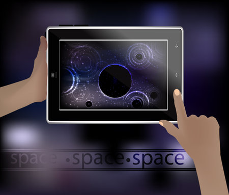 ノート パソコンで宇宙の壁紙 デスクトップ コンピューター あなたのデザインの例 宇宙の惑星 3 つの色のイラスト素材 ベクタ Image