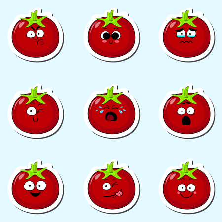 トマトかわいいキャラ顔分離ベクトル イラストを漫画します 変な野菜顔アイコンのコレクション 漫画顔食べ物絵文字 トマトの絵文字 面白い食べ物ステッカー のイラスト素材 ベクタ Image