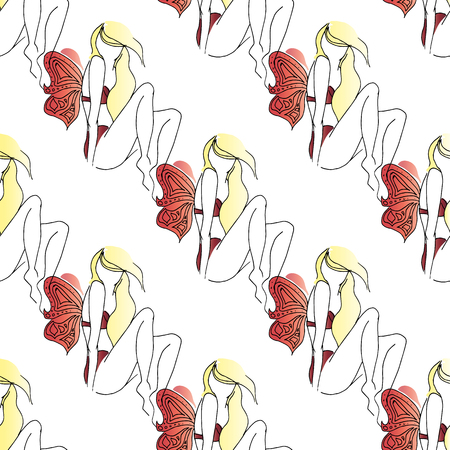 手描きのイラスト 蝶の羽を持つ美しい少女 かわいい処女の女の子 シームレス パターン のイラスト素材 ベクタ Image 手描きのイラスト 蝶の羽を持つ美しい少女 かわいい処女の女の子 シームレス パターン のイラスト素材 ベクタ Image