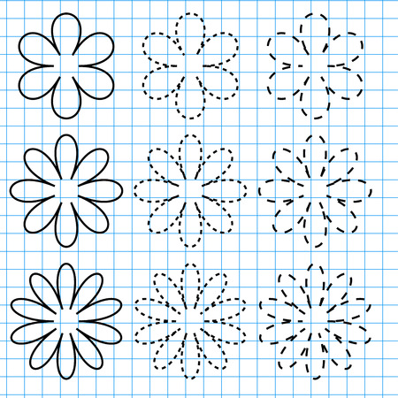 手書き練習シート 教育の子供たちのゲーム 破線を復元します 印刷可能なワークシートを訓練を書きます 図形の描画のイラスト素材 ベクタ Image 手書き練習シート 教育の子供たちのゲーム 破線を復元します 印刷可能なワークシートを訓練を書きます 図形の描画のイラスト素材 ベクタ Image