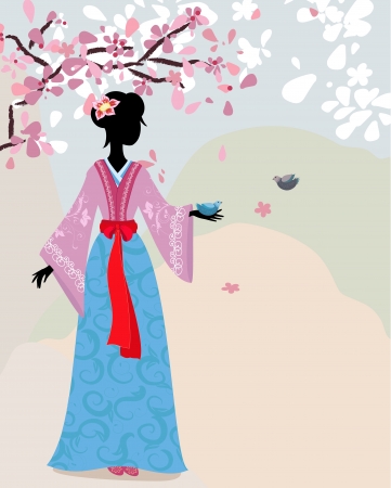 桜の下で美しい女の子着物 のイラスト素材 ベクタ Image