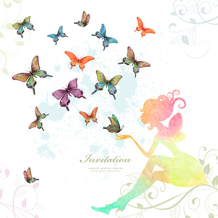 butterfly: thiệp chúc mừng với cổ tích với những con bướm. bức tranh màu nước. minh hoạ vector
