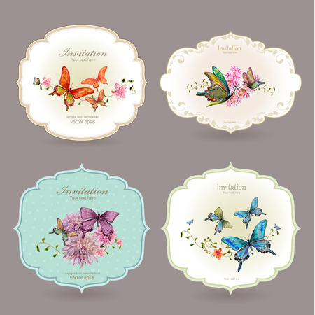 butterfly: bộ sưu tập nhãn retro với bướm. màu nước vẽ tranh minh họa