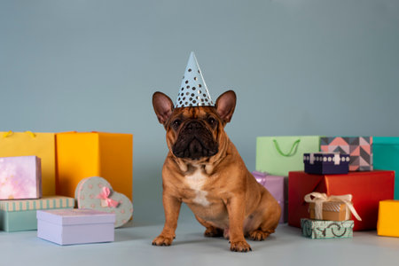 French bulldog dog celebrating a birthday Фото со стока