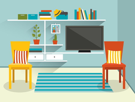 テレビや本の棚とリビング ルーム フラットなデザインのベクトル図です のイラスト素材 ベクタ Image