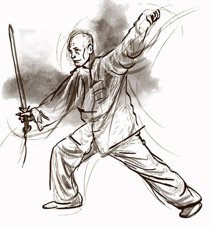 手描きイラスト シリーズ格闘技 ベクトルに変換 泰司 太極拳 その防衛訓練とその健康上の利点の両方の内部の中国武術練習します のイラスト素材 ベクタ Image
