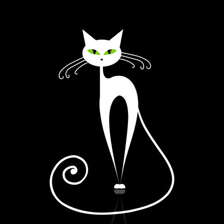 White cat with green eyes on black Illustration