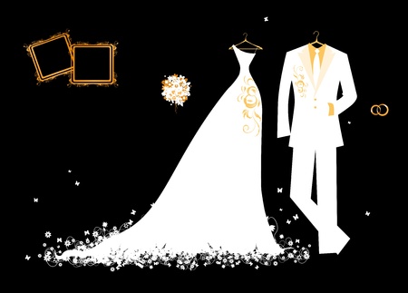 traje de novio de boda y blanco vestido de novia en negro para su