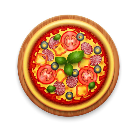チーズ チェリー トマト バジルの白い背景で隔離の現実的なピザ のイラスト素材 ベクタ Image チーズ チェリー トマト バジルの白い背景で隔離の現実的なピザ のイラスト素材 ベクタ Image