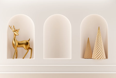 3d abstract christmas light background with beige christmas decorations