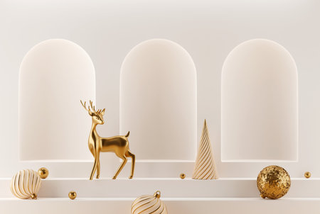 3d abstract christmas light background with beige christmas decorations