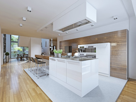 Cocina de estilo vanguardista brillante. muebles de cocina y barra ...