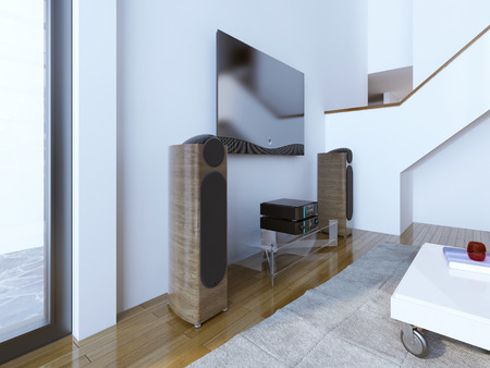 tv and sound system at modern living room a wooden speakers stock