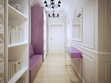 現代的なコリドー設計 食器棚 柔らかいピンクの革のソファ コンソール 大きな鏡を持つエントランス ホール 3 D のレンダリング の写真素材 画像素材 Image