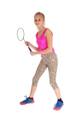 A beautiful little girl holding her tennis racquet in her hand in a pink bathing suit 404 Best Young Girls In Tights - Duper