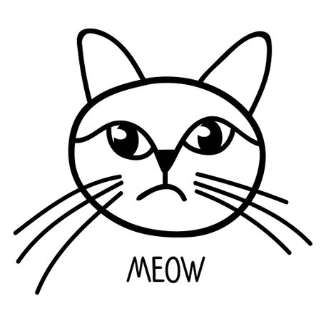 Cat face sketch with text meow cat isolated objects on white background design concept for children t shirt print cute funny cartoon character meow lettering text one from kitten pet collection