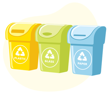 異なる色リサイクル ゴミ箱イラスト リサイクル廃棄物の種類の分離 プラスチック 紙 ガラスの廃棄物 の写真素材 画像素材 Image