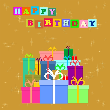 birthday greeting to a bunch of colorful gifts with colorful ribbons on a gold background with