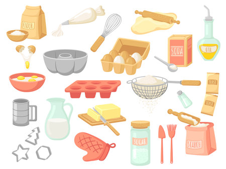 Ingrédients de cuisson de dessin animé. produits de boulangerie, levure et huile, oeufs et pack de farine. dessert maison, sucre lait sel pour la cuisson. éléments de boulangerie propre clipart vectoriel