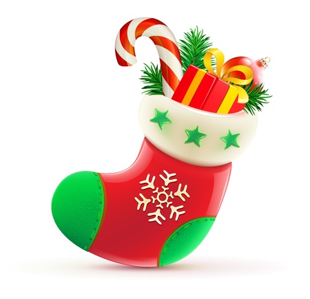 illustration of shiny red Christmas stocking with cool presents - 10759750