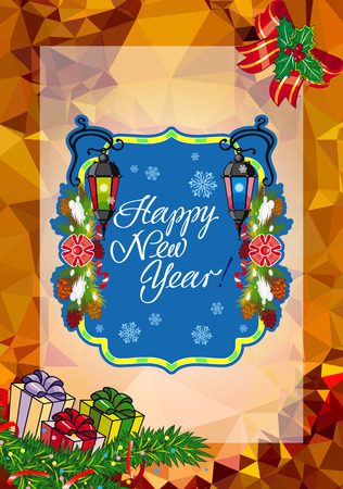 vector winter holiday card with vintage lanterns pine branches and artistic written text happy new year design element for greeting cards and other - Artistic Holiday Cards vector winter holiday card with vintage lanterns pine branches and artistic written text happy new year design element for greeting cards and other - Artistic Holiday Cards
