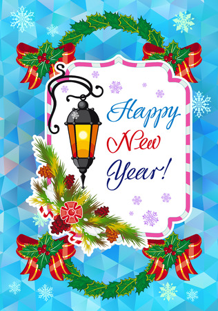 vector winter holiday card with vintage lanterns pine branches and artistic written text happy new year design element for greeting cards and other - Artistic Holiday Cards vector winter holiday card with vintage lanterns pine branches and artistic written text happy new year design element for greeting cards and other - Artistic Holiday Cards